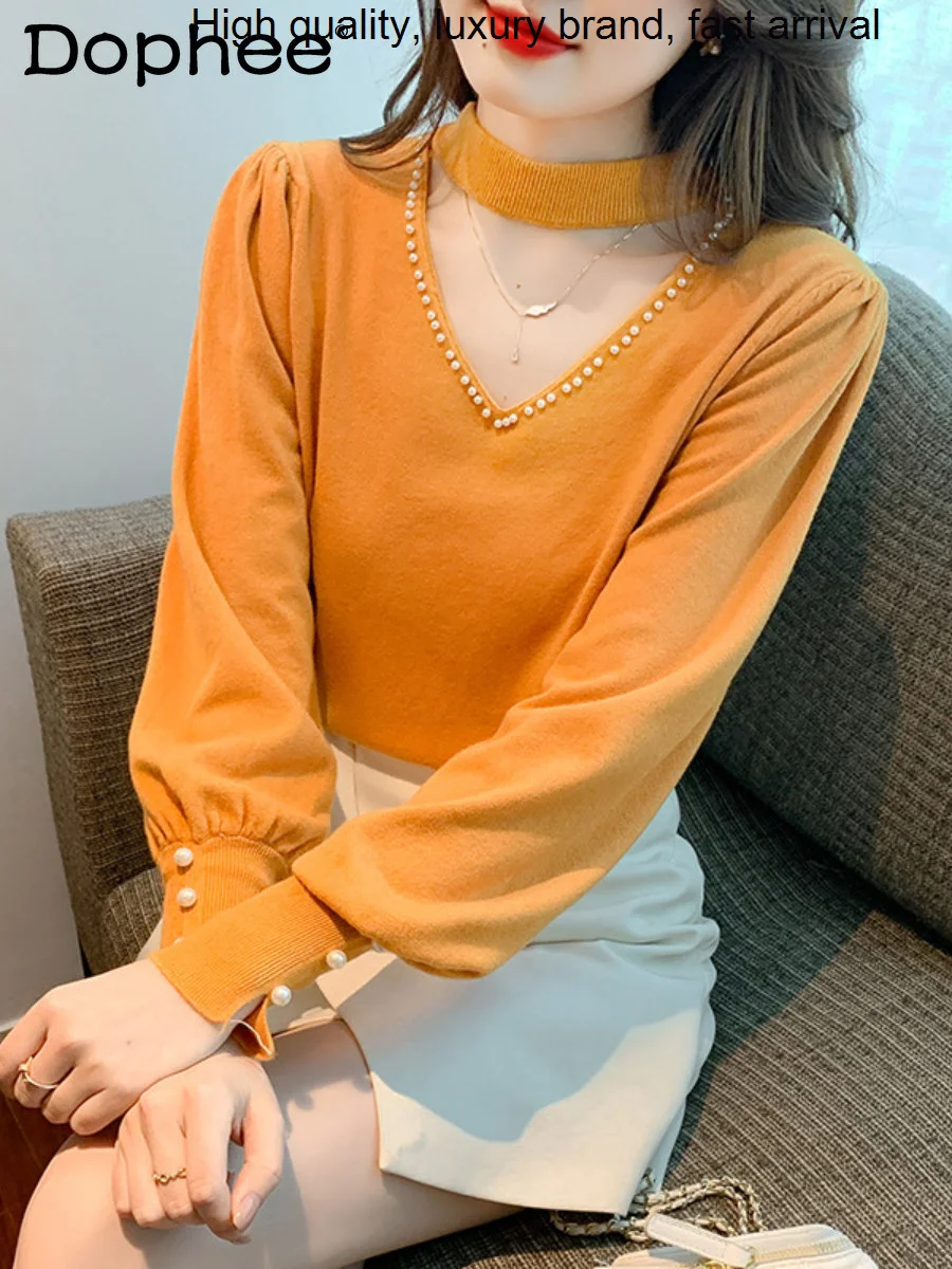 Hollow-out Sexy Halter V-neck Solid Women Lantern Sleeve Pearl Split Knitwear Jumper 2023 Autumn Winter New Sweater Top