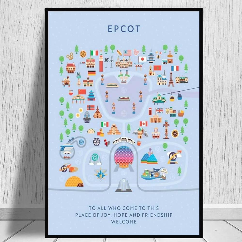 ديزني لاند خريطة ملصق طباعة والت ديزني وورلد Epcot ماجيك المملكة هوليوود استوديوهات مملكة الحيوان خريطة حائط لوح رسم الفن