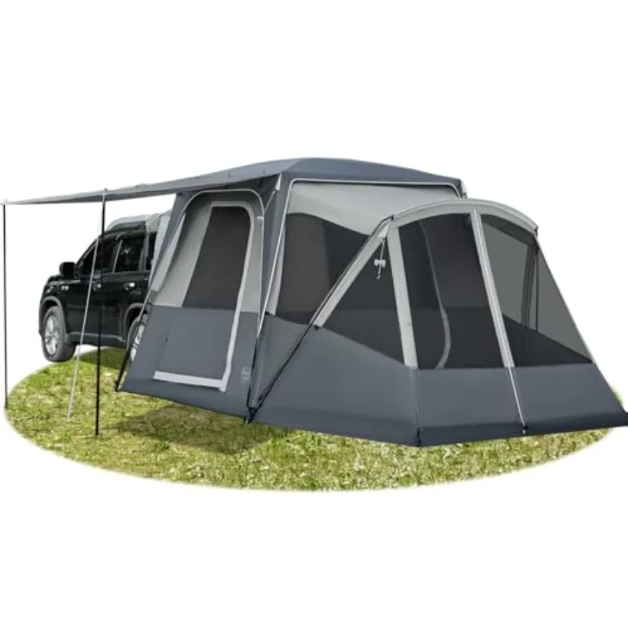 

Family camping SUV tent for 5-9 persons, polyester fabric, gray, weather-resistant with screen porch and awning, includes rainf