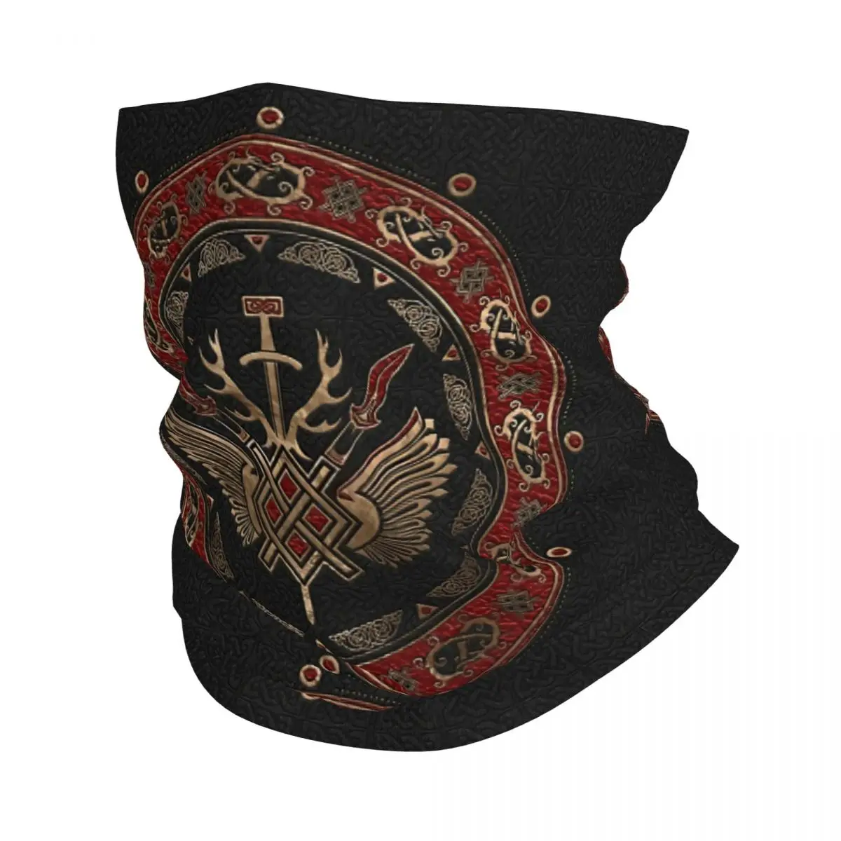 Gungnir Spear Of Odin Black And Red Leather And Gold Viking Scarf Neckerchief Neck Face Mask Polyester