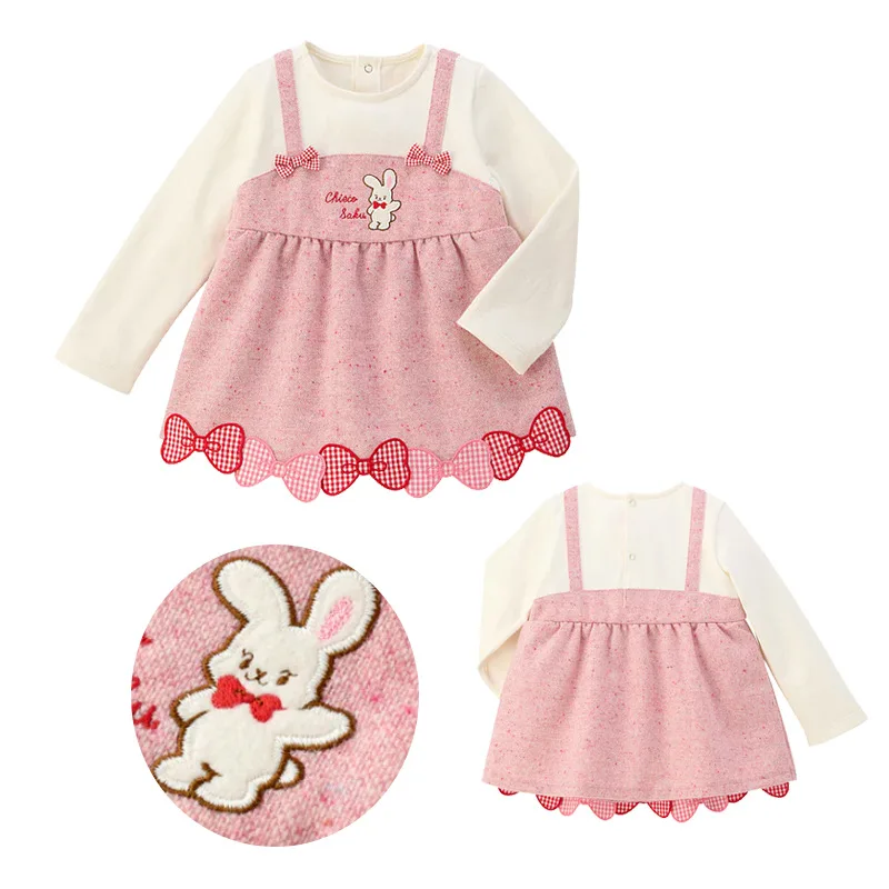 

Корейская очаровательная футболка с длинными рукавами и бантом кролика для девочек, 219, двухцветное повседневное платье, милая детская блузка с героями мультфильмов на весну и осень 80-130