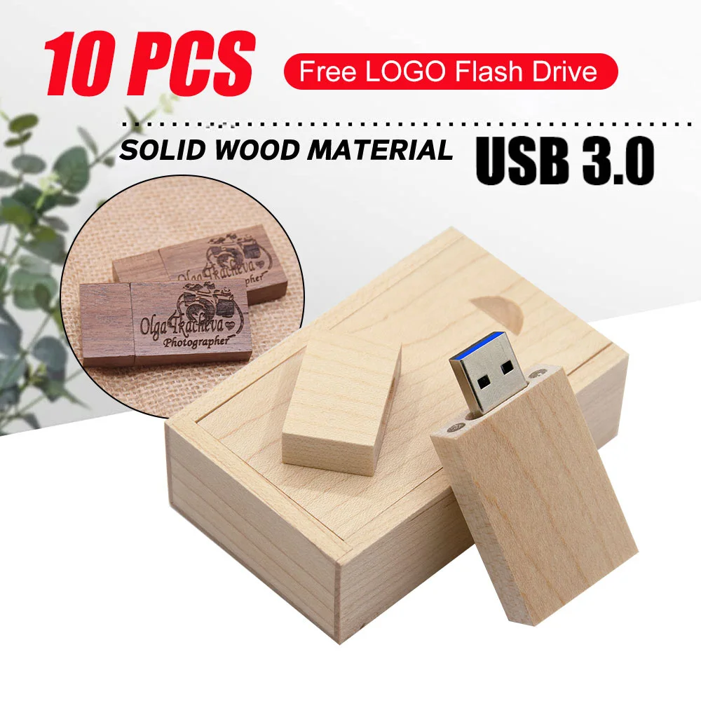 10pcs/lot USB 3.0 Flash Drive Memory Stick Wooden Pendrive 8GB 16GB Cle U Disks 32GB 64GB 128GB Free Logo Wedding Gifts memorias