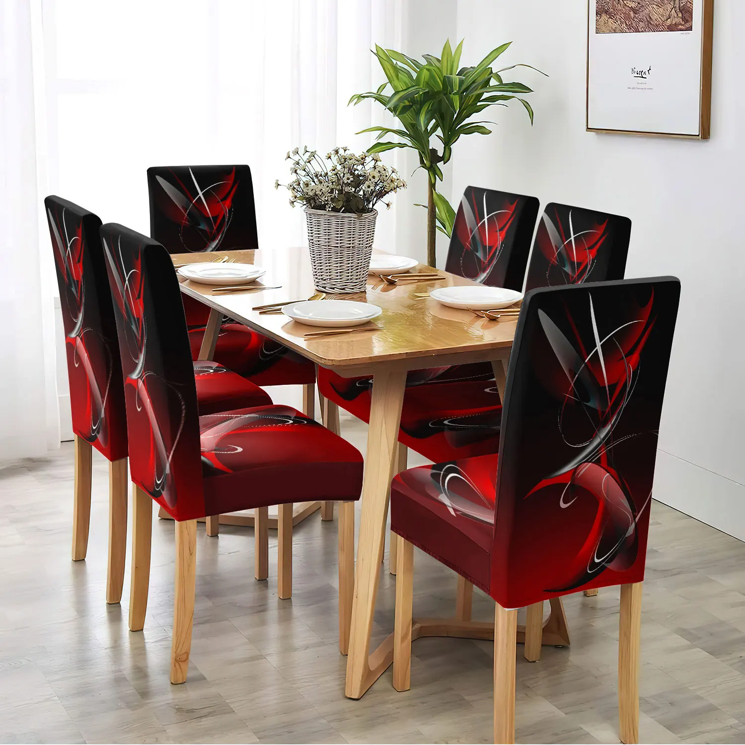 4/6 Stück abstrakter, rot-schwarzer, modern bedruckter Stretch-Stuhlbezug für Esszimmerstühle – abnehmbarer, waschbarer Stuhlbezug