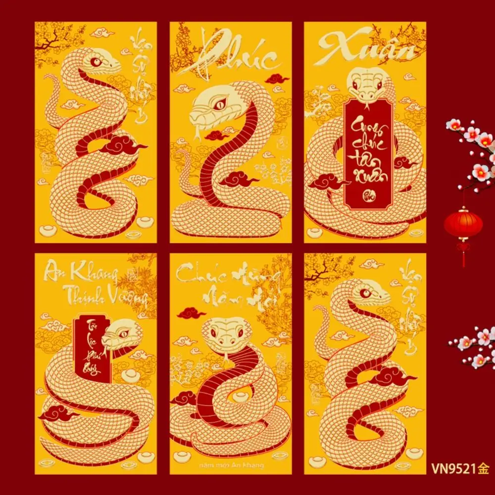 6 uds Vietnam 2025 Año Nuevo sobre rojo bendición mejores deseos patrón de serpiente sobre para dinero bolsas para dinero HongBao bolsillos para dinero de la suerte