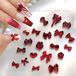50PCS Wine Red Resin Bow Nail Art Charms Accessories Bowknot Flower Heart Parts For Nails Decoration Supplies Manicure Material