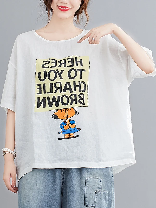 

plus Size Summer T-irt Women Loose Cotton Linen ort Sve Slimming Meat Covering Cartoon Print Casual round Ne Top