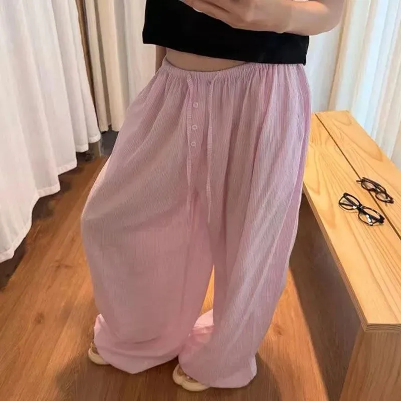Striped Wide Leg Pants for Women Summer Loose Streetwear Thin Casual Pants High Waist Drawstring Straight Trousers Female