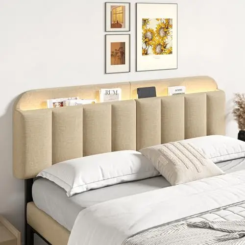 Adjustable Headboard for King/California King Size Bed Frame, Linen Fabric Bed Headboard with Storage & RGB LED Light