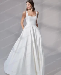 Simple Square Collar Wedding Dresses Women's A Line Elegant Satin Sexy Sleeveless Bridal Gowns Formal Backless Sweep Train 웨딩드레스