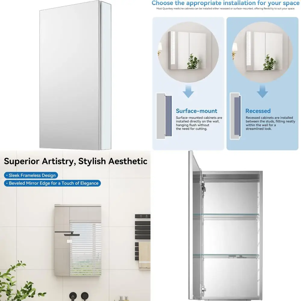 

Wall-Mounted Recessed Mirrored Aluminum Medicine Cabinet for Bathroom, Single Door Storage