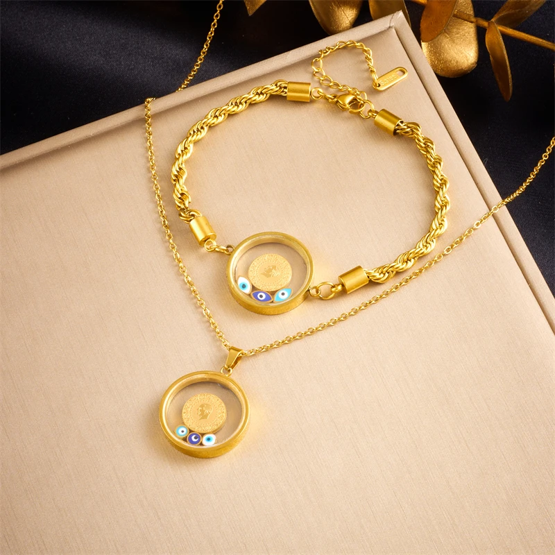 DIEYURO 316L Stainless Steel Round Portrait Eye Necklace Bracelet For Women Girl Fashion Non-fading Jewelry Set Party Gift