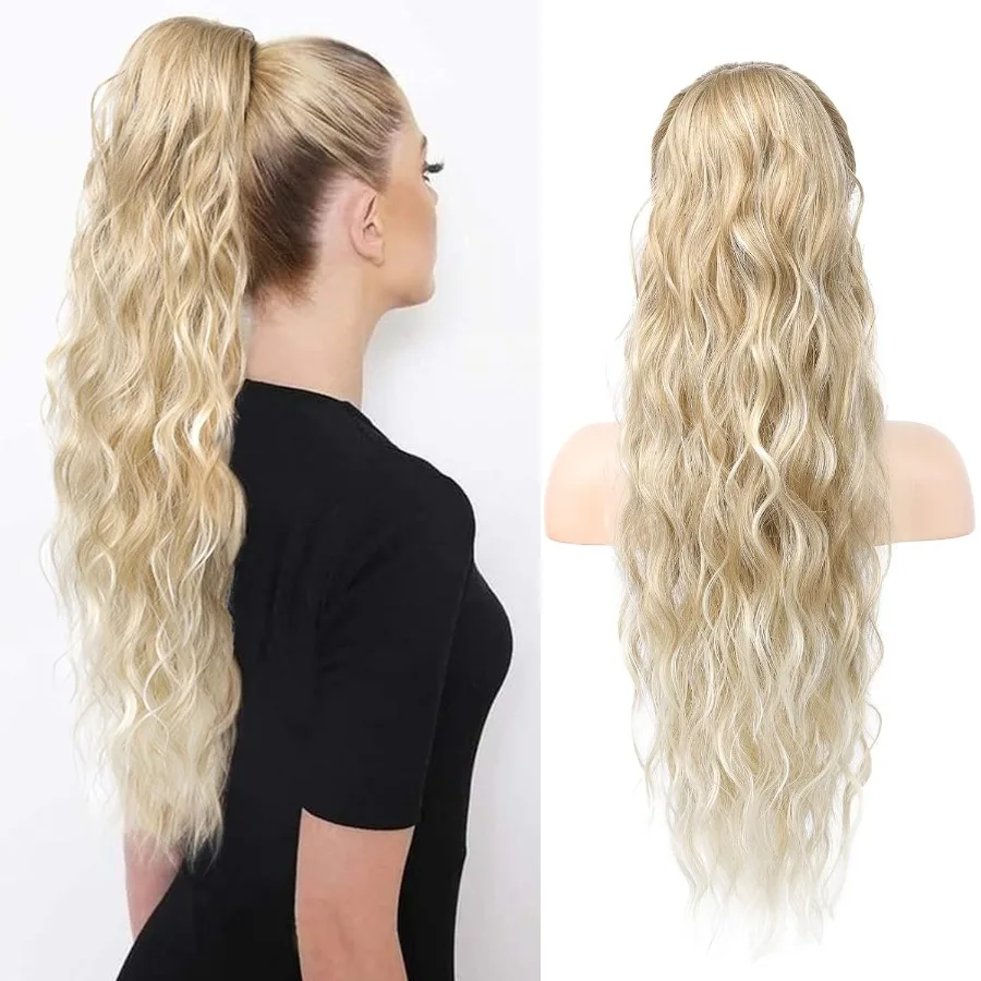 HOOJIH Estensione della coda di cavallo Estensioni dei capelli della coda di cavallo con coulisse 26 pollici Coda di cavallo ondulata lunga riccia Parrucchino sintetico ondulato naturale