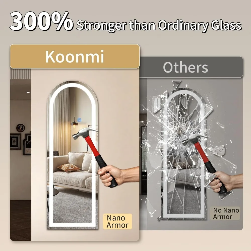 스탠드가 있는 조명이 있는 풀 렝스 LED 아치형 거울, 전신 반사용 68 x 26 조명 바닥 거울