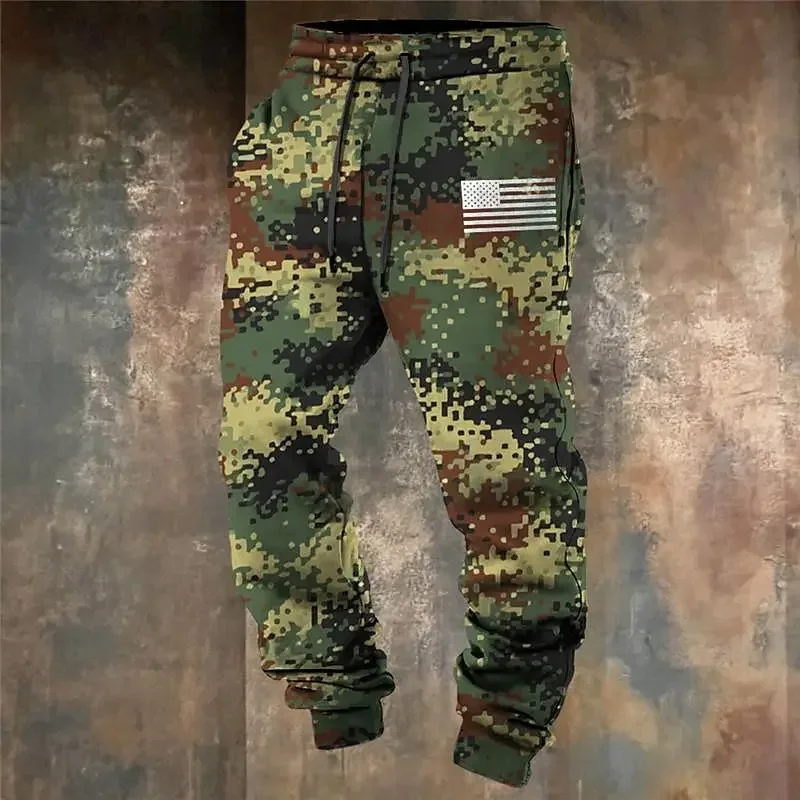 Herren-Jogginghose im Vintage-Stil mit Camouflage-Muster und amerikanischer Flaggen-Print, lässige Trainingshose mit Kordelzug in der Taille, tailliert, Streetwear, Sporthose – Detail 4