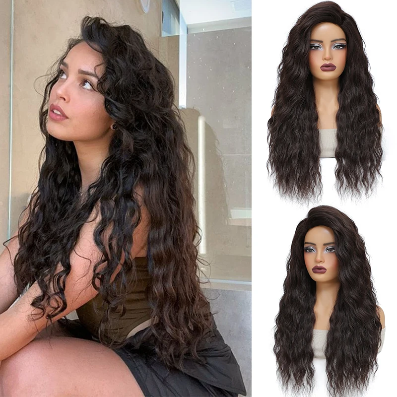 Synthetic Curly Wave Wig Long Deep Curly Free Part Wigs for Women 28 Inch Brown Natural Wavy Hair Wig for Daily Cosplay Party