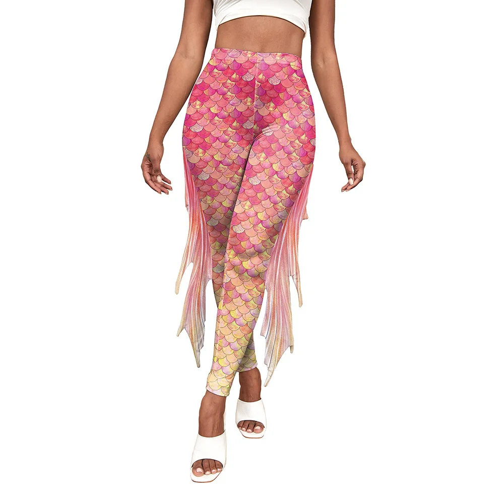 [You\'re My Secret] Women Summer Funny Cosplay Adult High Waisted Fish Scaled Printed Mermaid Leggings With Loose Tail Fins