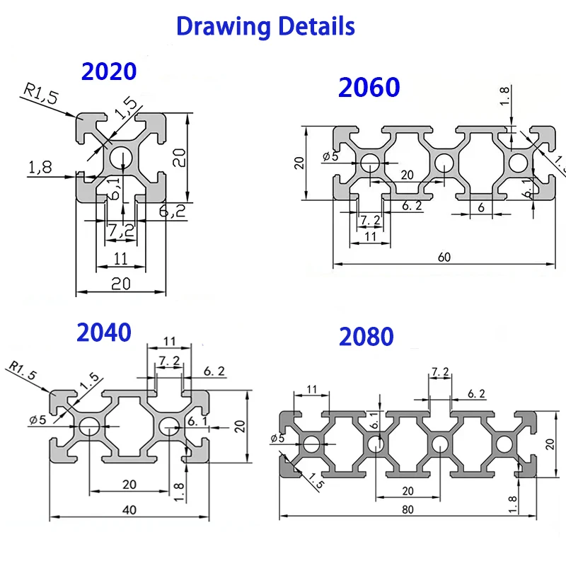 2020 2040 2060 2080 20100 3030 3030N1 3060 4040 Profilo in alluminio T-slot Standard UE Rail lineare Estrusione CNC Parti della stampante 3D