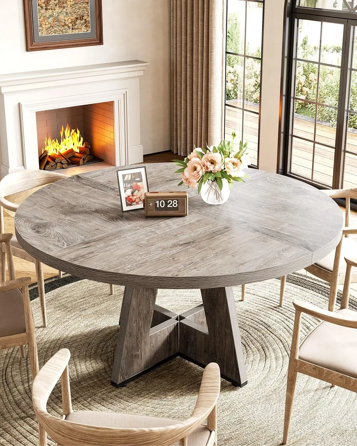 Round Dining Table for 4-6 People, 47 Inches Dining Room Table with Wooden Pedestal Base, Grey Dinner Table, Circle Kitchen