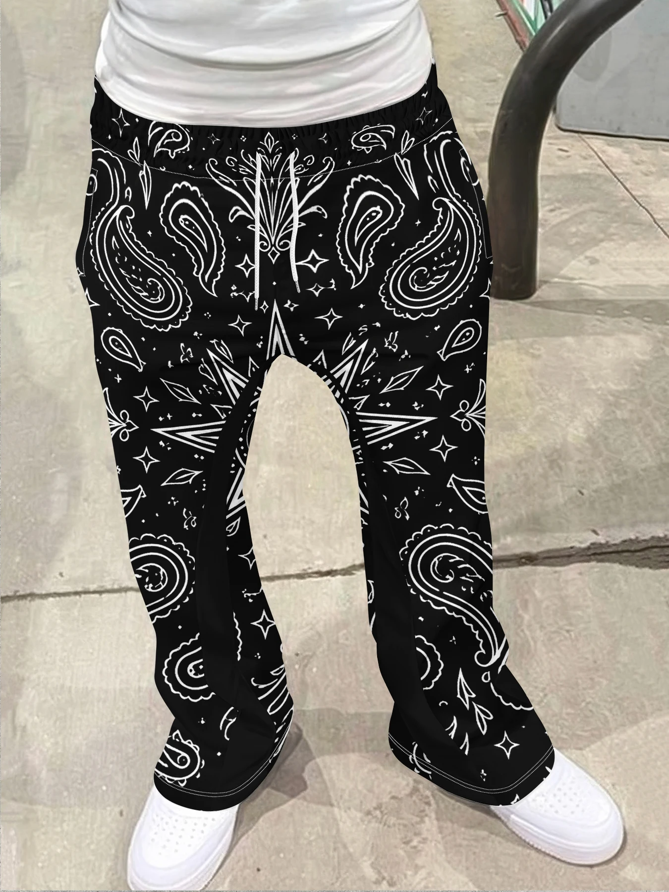 Pantalon de survêtement unisexe vintage à imprimé explorateur, coupe évasée, taille mi-haute, ample, style urbain, hip-hop, streetwear décontracté