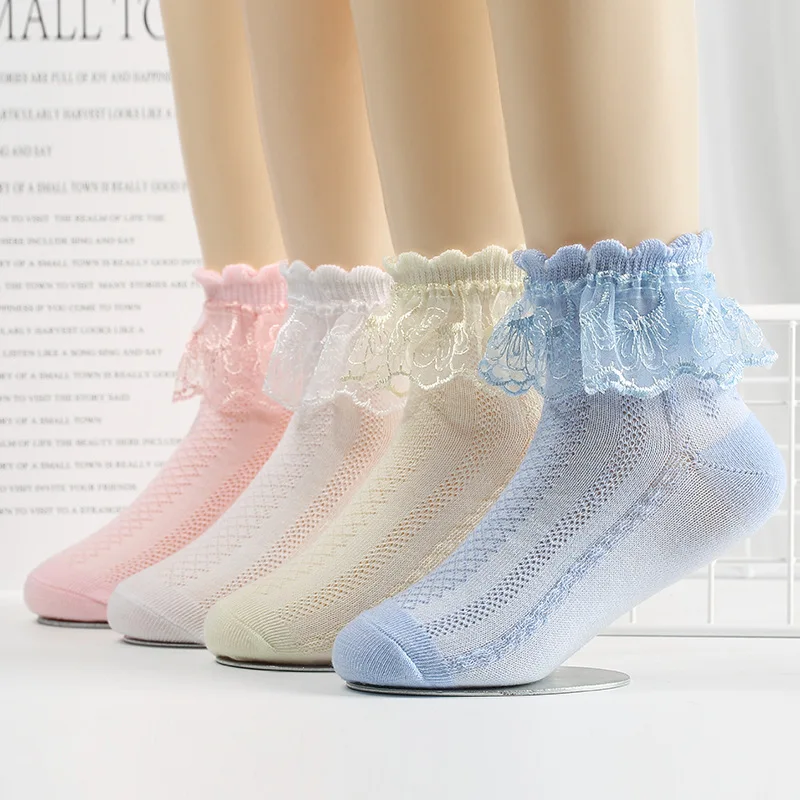 Mesh Socks Breathable Cotton Lace with Ruffle Princess Children Ankle Short Sock White Pink Yellow for Baby Girls Kids Toddler