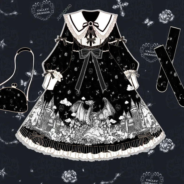 Vestido feminino estilo Diablo Lolita, colarinho Peter Pan, laço bonito, babados kawaii, manga cheia, estampado, loli gótico, feminino, novo