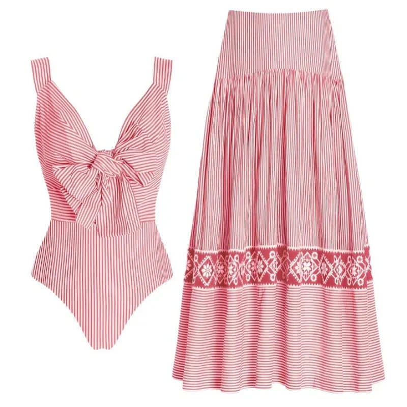 2025 Retro One Piece Swimsuit Women Bow Tie Swimwear with Skirt Sexy Bathing Suit Striped Monokini Beach Bodysuit Beach Wear