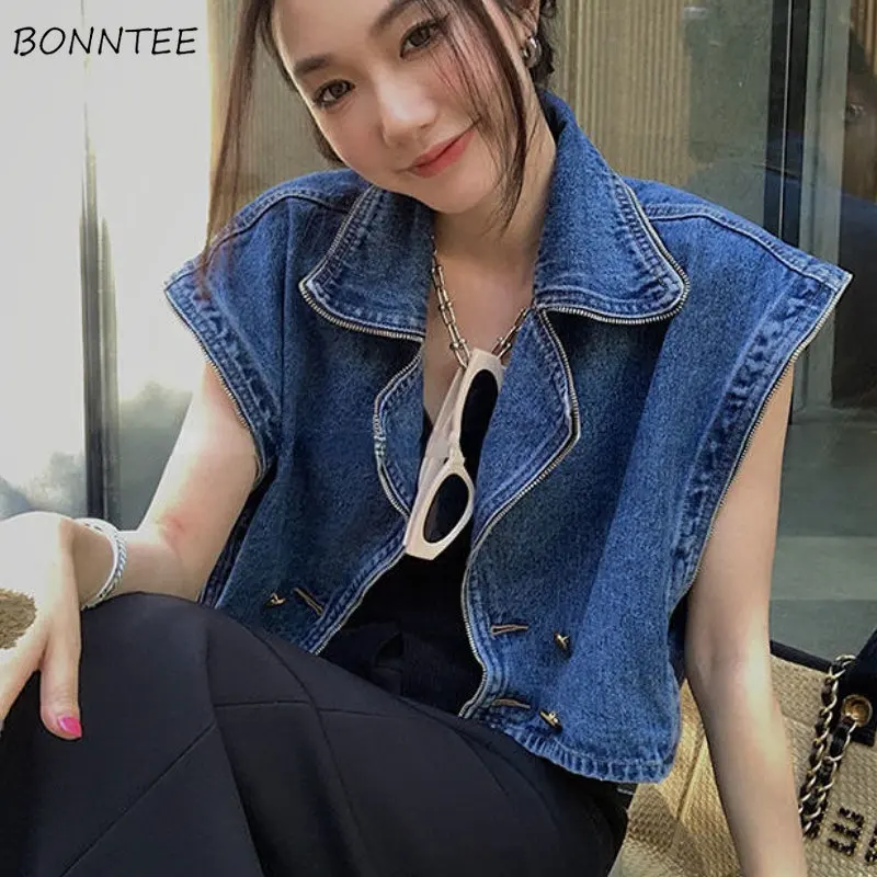 Denim Vests Women Waistcoats Cropped Clothes Double Breasted Teens Unisex Streetwear Design American Sleeveless Hipster Vintage