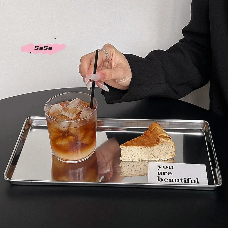 S-Nordic Stainless Steel Rectangular Coffee Shop Pallet Storage Disk Net Snack Cake Dish Dining Dessert Plate Kitchen Dish Tray view 5