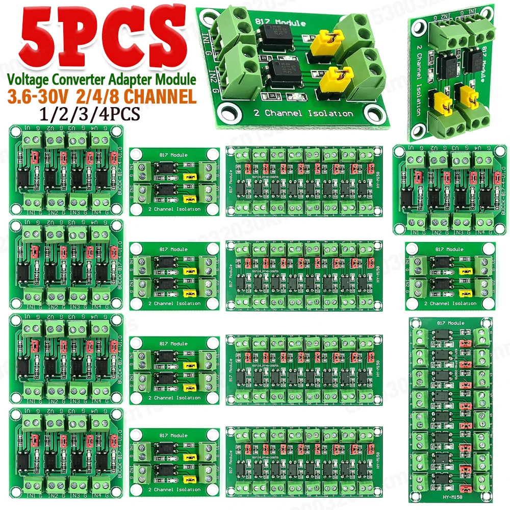 Placa de isolamento de optoacoplador pc817, módulo adaptador conversor de tensão, 2/4/8 canais, módulo de isolamento de optoacoplador, kits diy, 1-5 peças