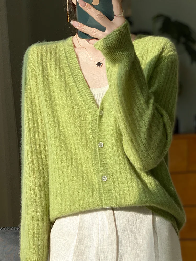 

Spring and autumn 100% merino wool women's solid color V-neck twisted flower long sleeve knit sweater loose knit cardigan