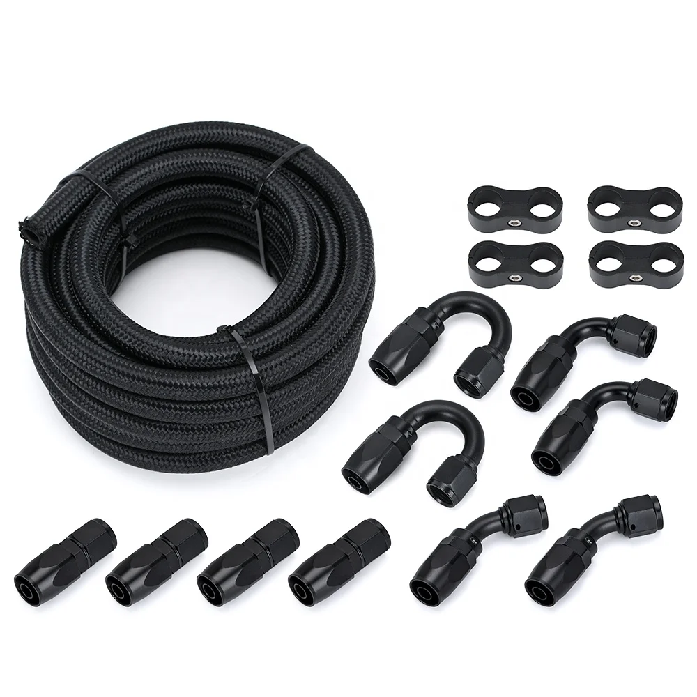 6Meter/20FT AN6 6AN Oil Fuel Fittings Hose End 0+45+90+180 Degree Stainless Steel Braided Oil Fuel Hose Line Black With Clamps