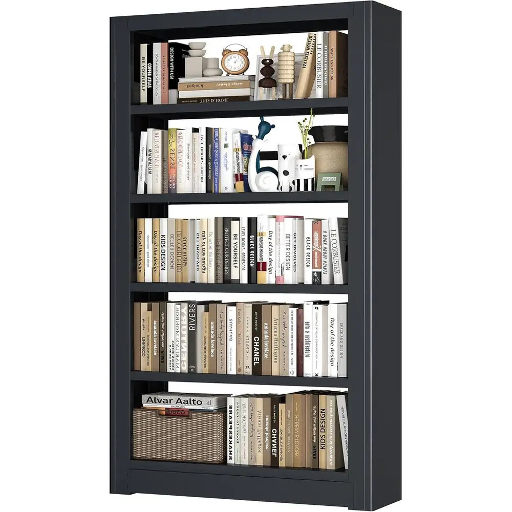 

69 Tall 5-Tier Adjustable Metal Bookshelf - Storage Bookcase for Home, Office, Living Room (Black)