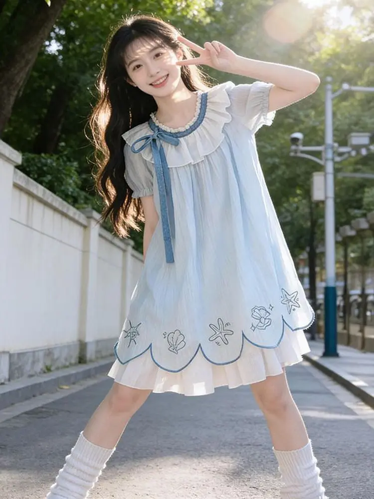 

Casual Blue Summer Dress Perfect For Daily Wear Outings With Cute Embroidery Hem Sweet Japanese Student Dress