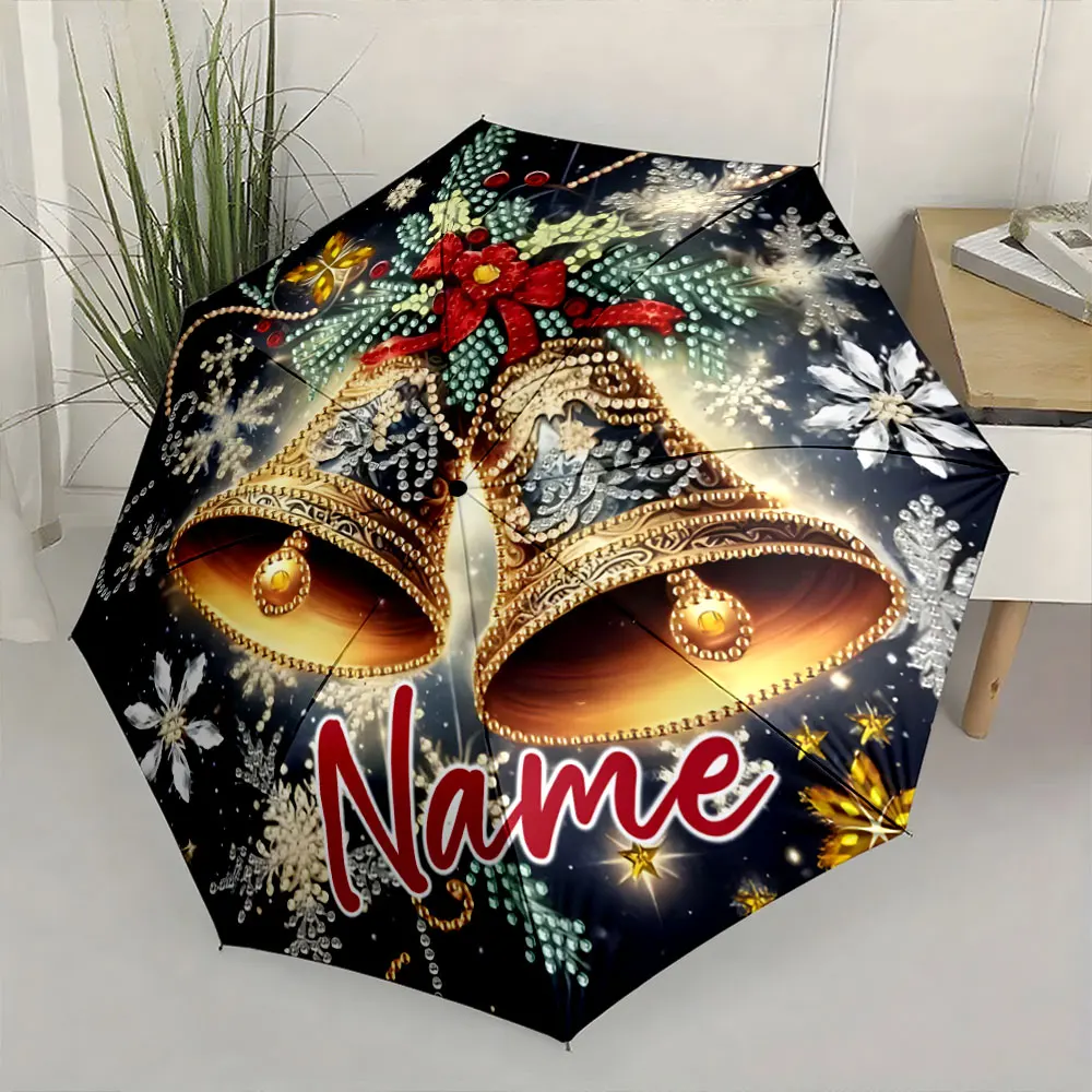 Custom Name Festive Bell-Themed Umbrella with Elegant Christmas Design 8 Iron Ribs Folding Umbrella Auto-Open Fashion Sunshade