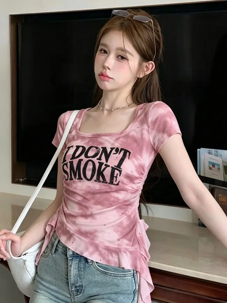 

Summer New Sweet Square Collar Splice Lace Short Sleeve Printed Slimming Sexy T-Shirt for Young Women City Walk Breathable Thin