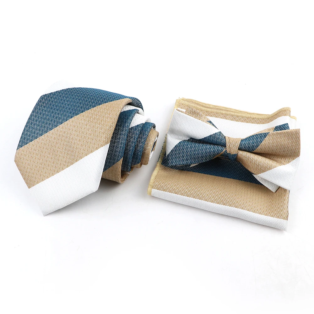 

Men's Elegantly Polyester Tie Set Brown Striped Pocket Square Handkerchief Bowtie For Business Daily Shirt Wear Accessoies Gifts