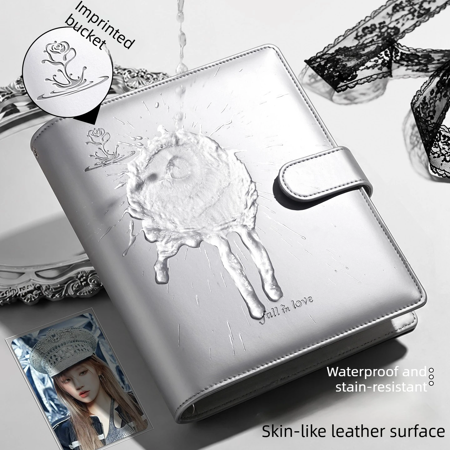 SINGBA Galaxy Rose A5 Photocard Binder, Silvery 4-Pocket 3 Inch Kpop Idol Card Mini Film Loose-Leaf Album for Polaroid Photos