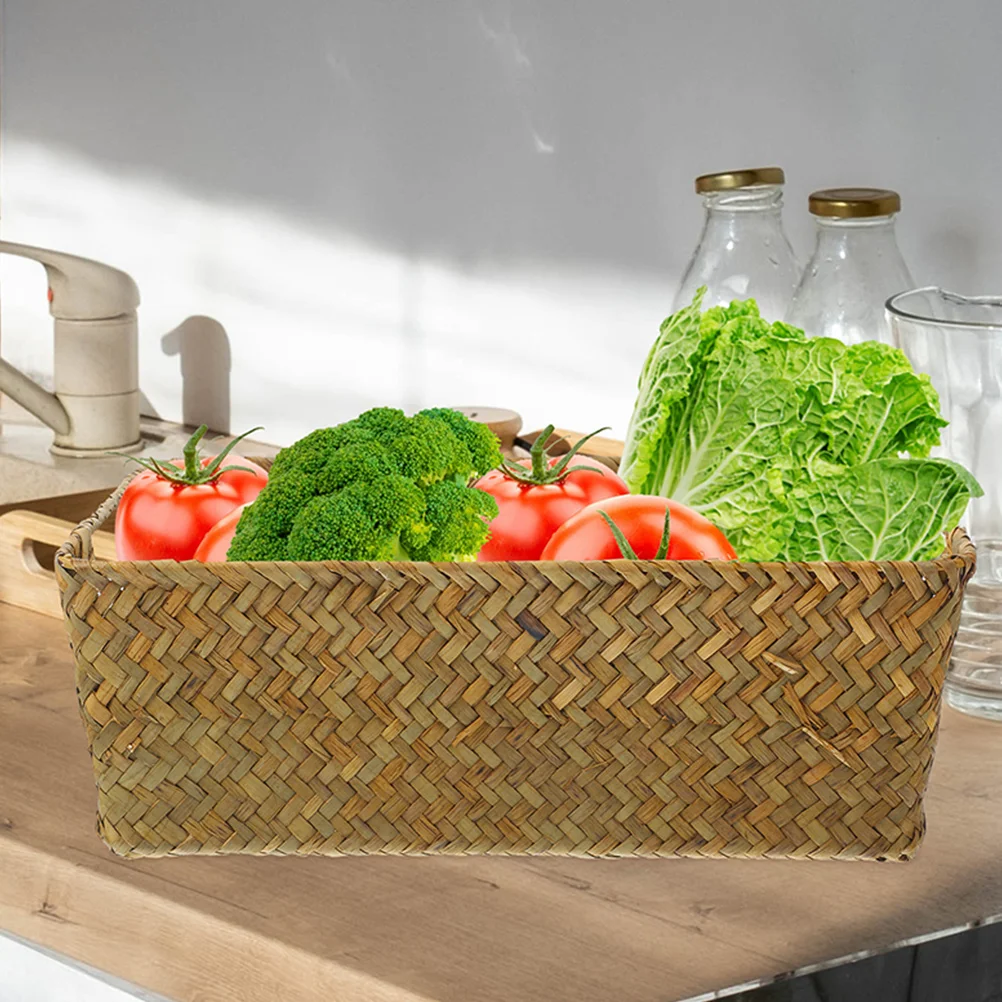 

2pcs Straw Woven Storage Baskets Sturdy Rectangular Desktop Organizer For Snacks Vegetables Sundries Home Office Decorative