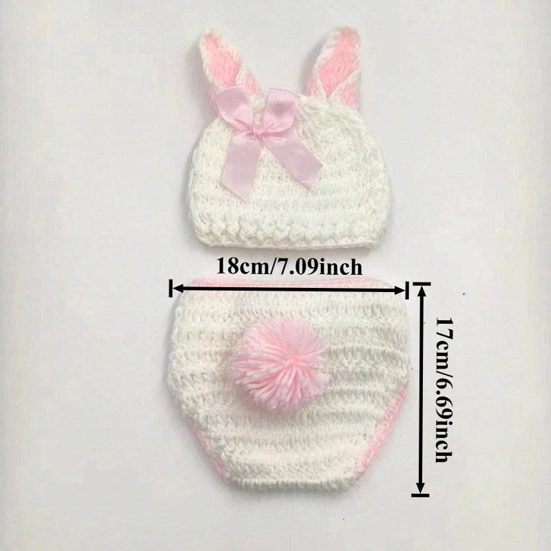 Newborn Photography Props Baby Girl Knitted Bunny Ear Hat Diaper Cover Set Crochet Pink Bow Rabbit Outfit Photo Shoot Costume
