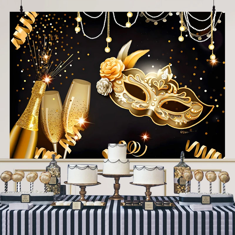 Mardi Gras Photography Backdrop Black and Gold Carnival Masquerade Party Decoration Champagne Mask Background Photo Props Banner