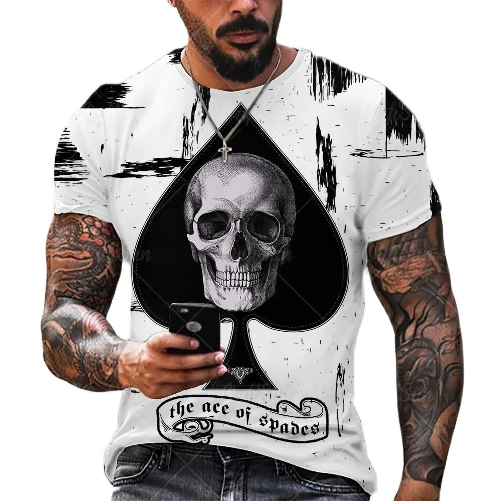 3D Horror Print Short Sleeve T Shirt Men's Spades Skull Design Pattern Summer Quick Dry Breathable Loose Oversized Shirt2022