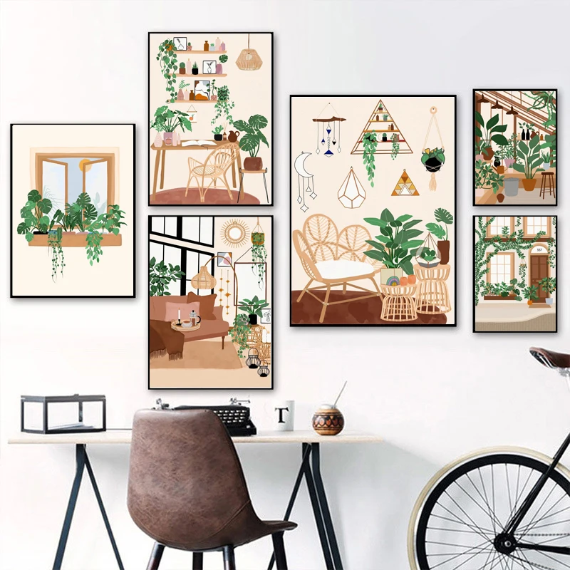 1PC--Boho Monstera Indoor Plant Wall Art Canvas Painting Abstract Lifestyle Nordic Living Room Decor Poster Print