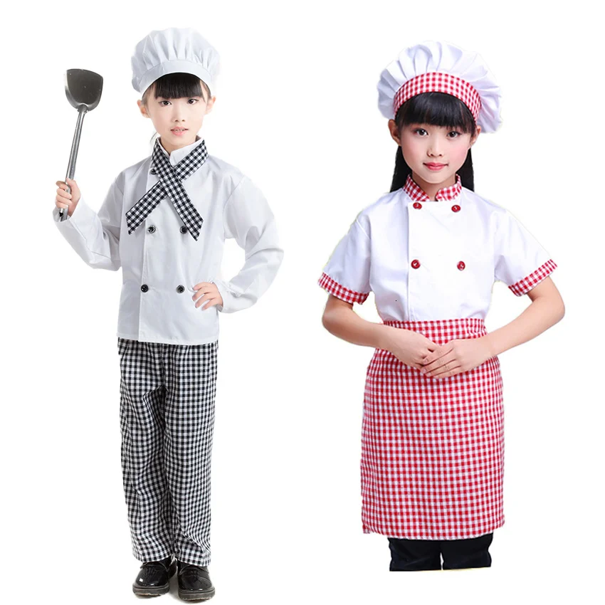 

Kids Chef Jacket Plaid Trousers Cook Uniform Food Service Halloween Carnival Cosplay Costumes for Children Girls