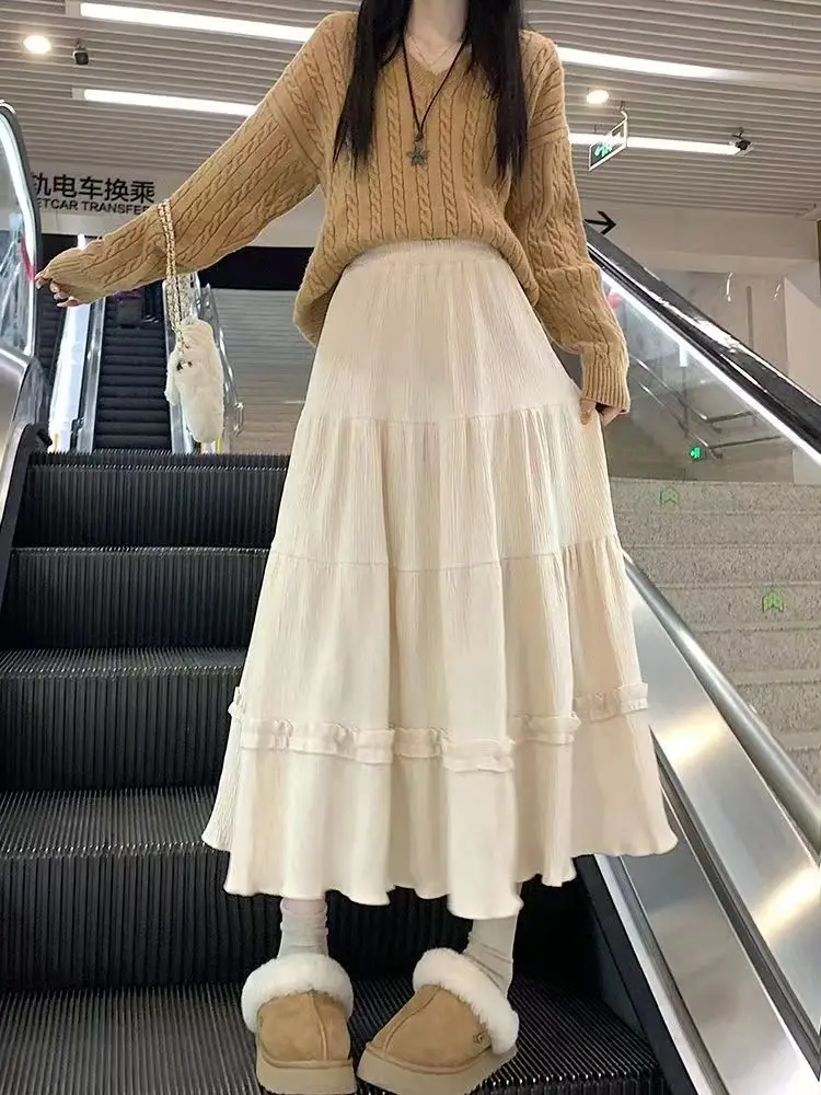 Deeptown Elegant Corduroy Long Skirt Ruffle Women Vintage Korean Style Midi Skirts Sweet Pleated Fashion Autumn Winter Skirts