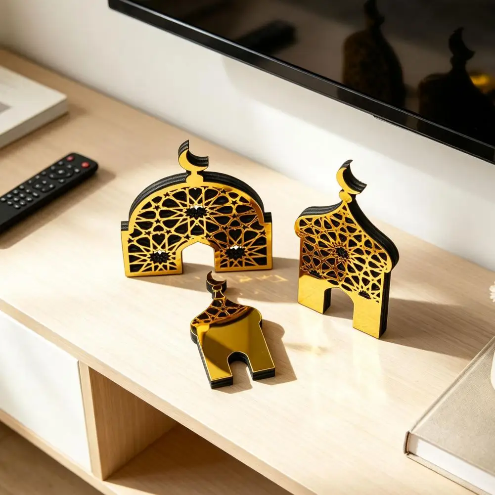 Home Ornaments Eid Mubarak Decorations 3pcs Ramadan Golden Castle Ornaments Hollow Mosque Desktop Accents Thick Wood for Home