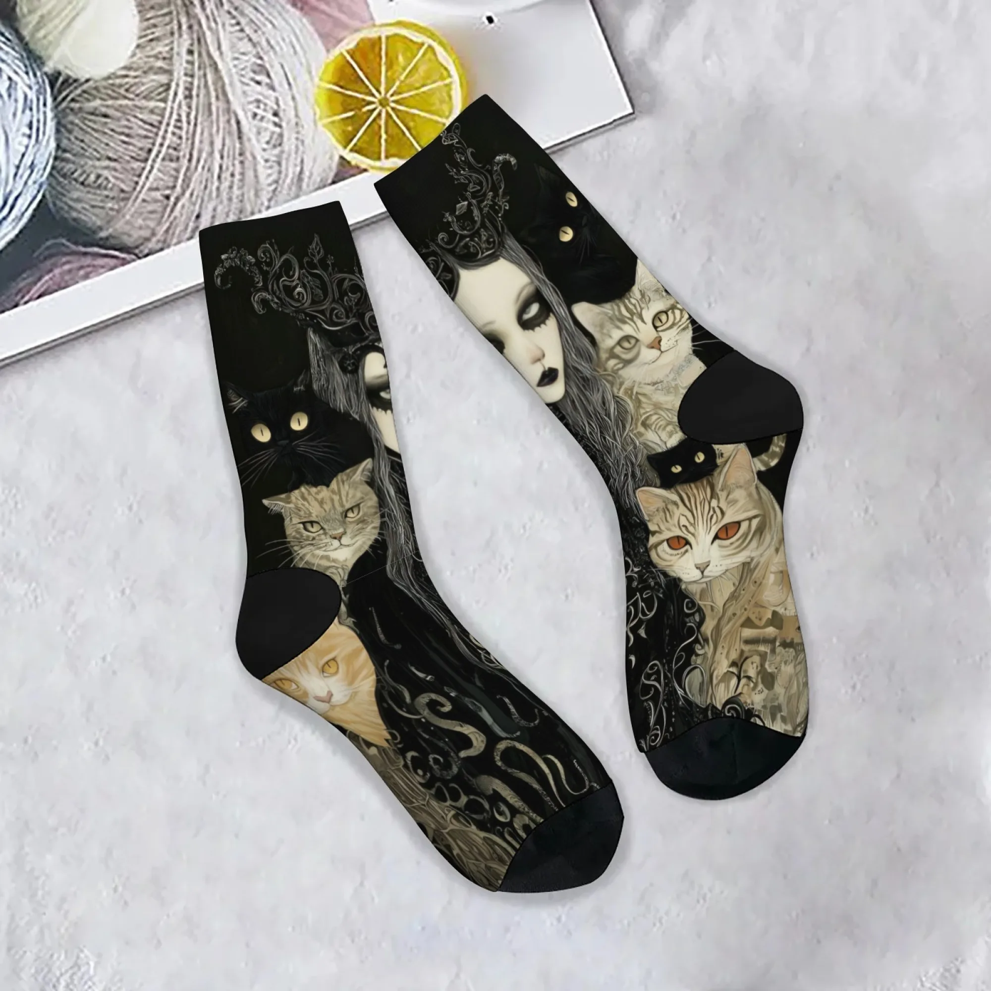 جوارب على الطراز القوطي الفني للنساء والقطط، جوارب للجنسين قابلة للتنفس وناعمة ومريحة ومثالية للهدايا المجنونة اليومية