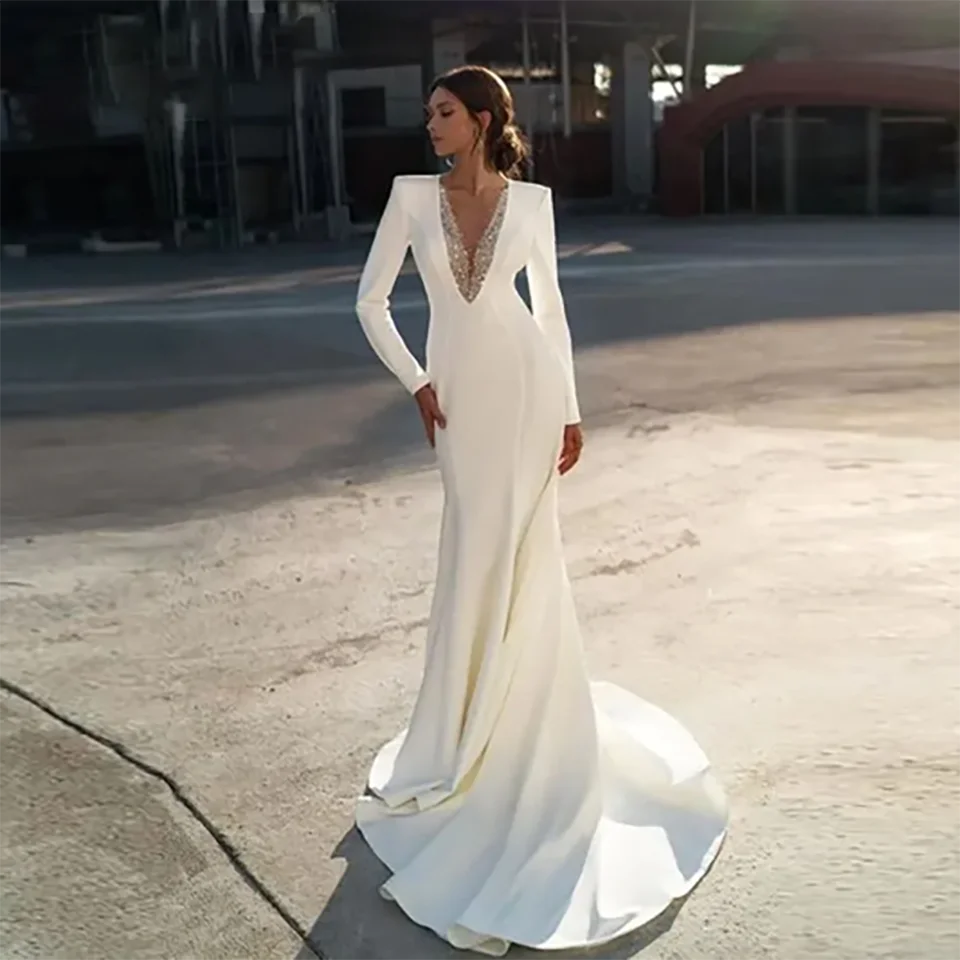 Personalizado elegante branco brilhante frisado decote em v sereia vestidos de casamento de cetim 2025 manga longa trem varredura tule zíper vestido de noiva