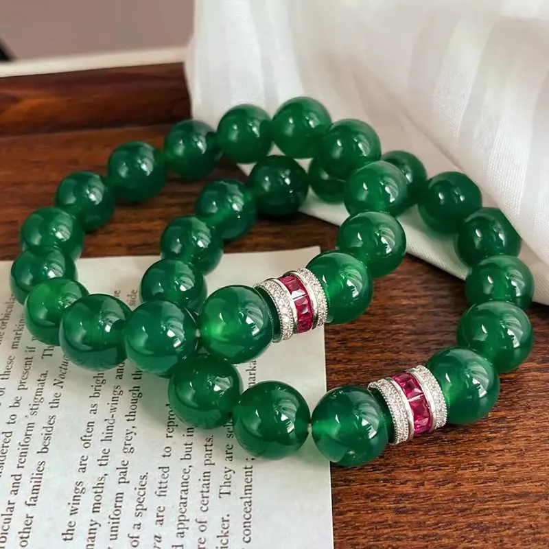 

green Jade purple round 12mm bracelet 18cm red zircon FPPJ wholesale beads nature 1PIECE