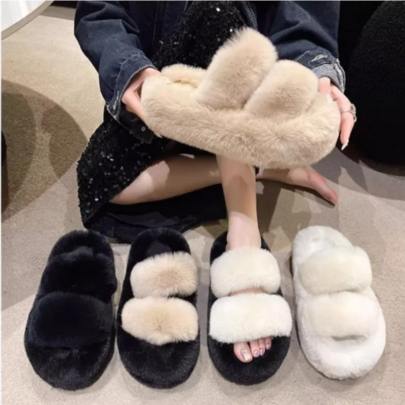 

Furry slippers senior fashion trend women outside wear 2024 fall winter new versatile thick bottom plush home cotton slippers