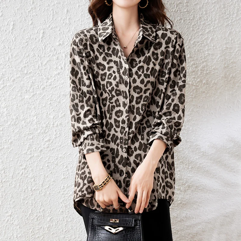 Women Leopard Print Luxury Chiffon Blouse Spring Autumn Long Sleeve Vintage Button Up Shirt Office Lady Casual Loose Tops Women